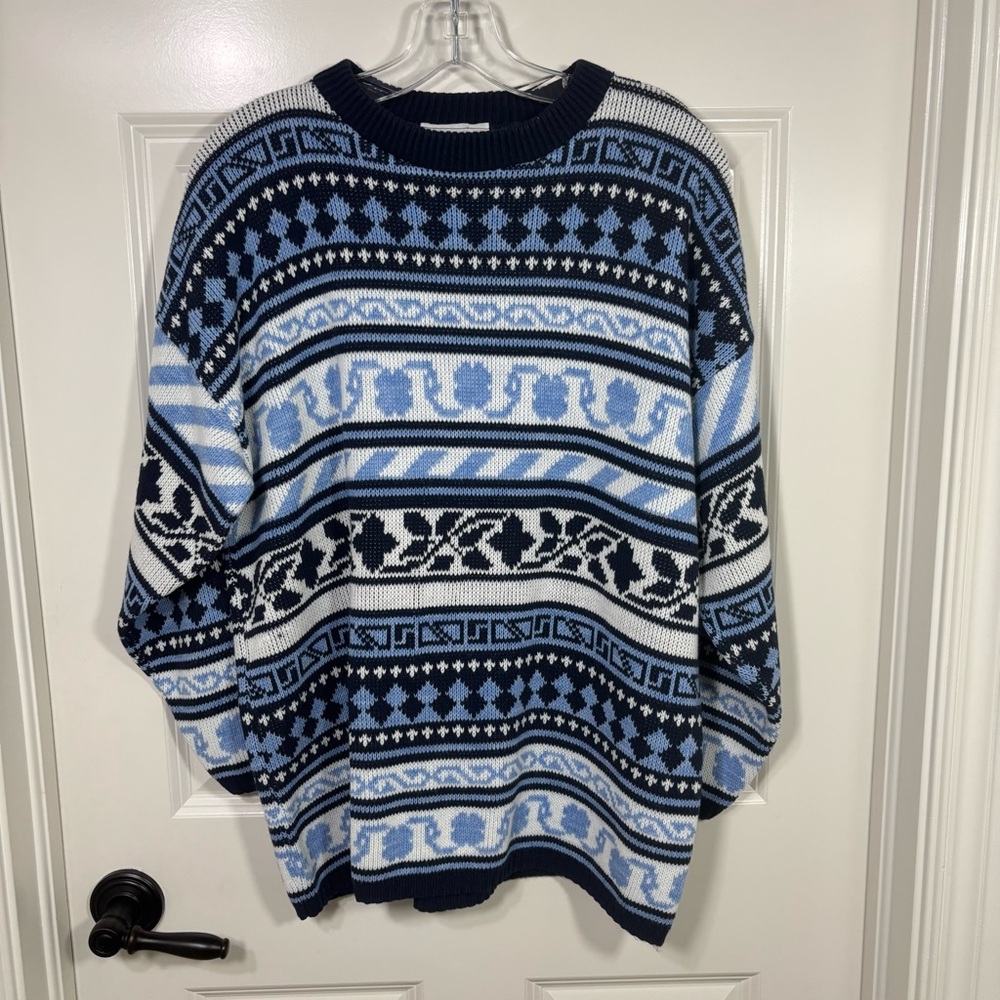 Vintage Jessica Roberts Knit Crewneck Sweater Women’s L Blue White